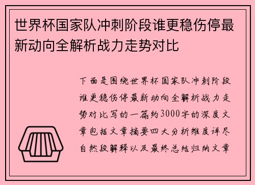 世界杯国家队冲刺阶段谁更稳伤停最新动向全解析战力走势对比 世界杯国家队冲刺阶段谁更稳伤停最新动向全解析战力走势对比