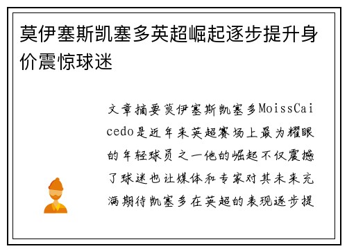 莫伊塞斯凯塞多英超崛起逐步提升身价震惊球迷 莫伊塞斯凯塞多英超崛起逐步提升身价震惊球迷